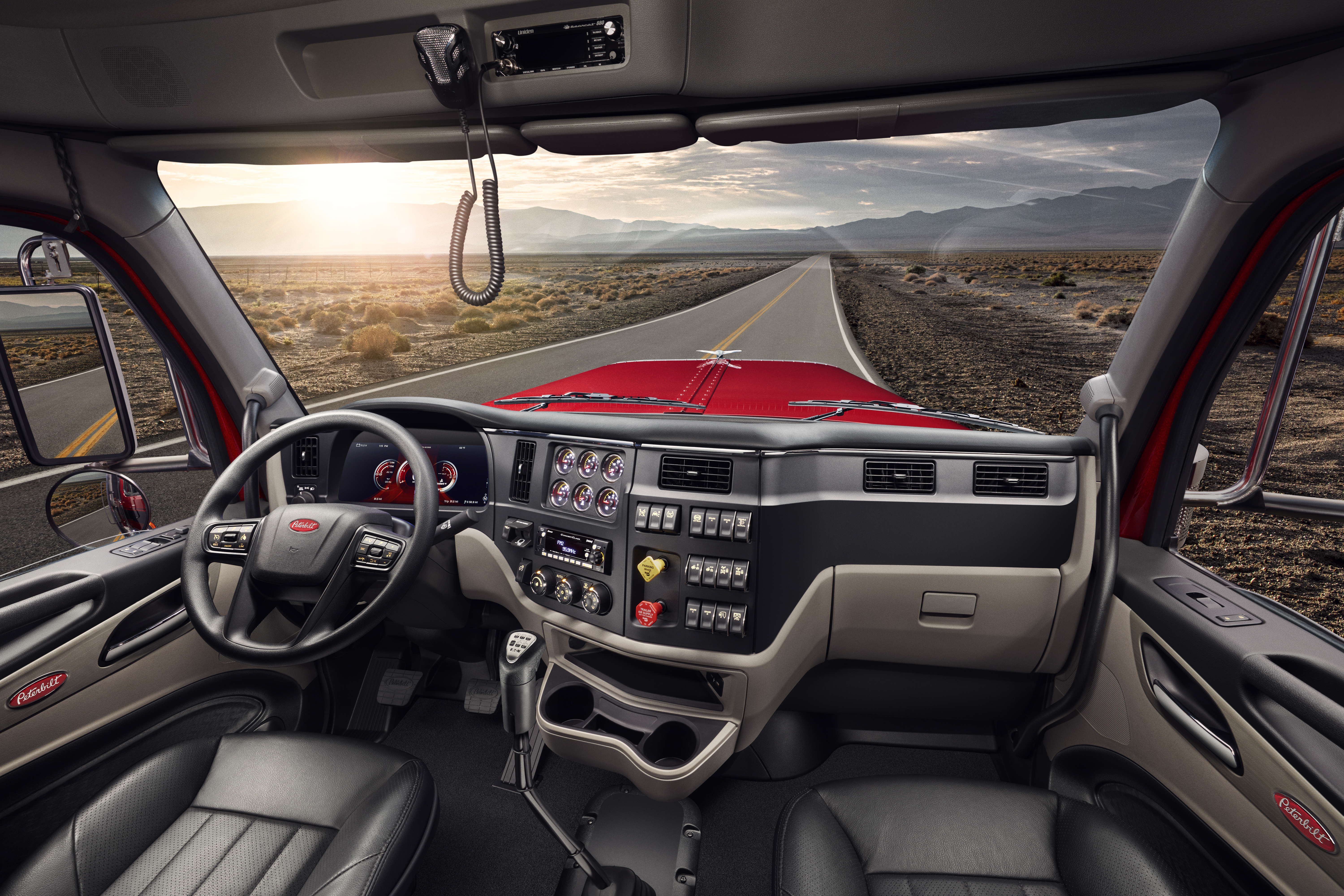 Peterbilt 589 interior view while driving down the highway