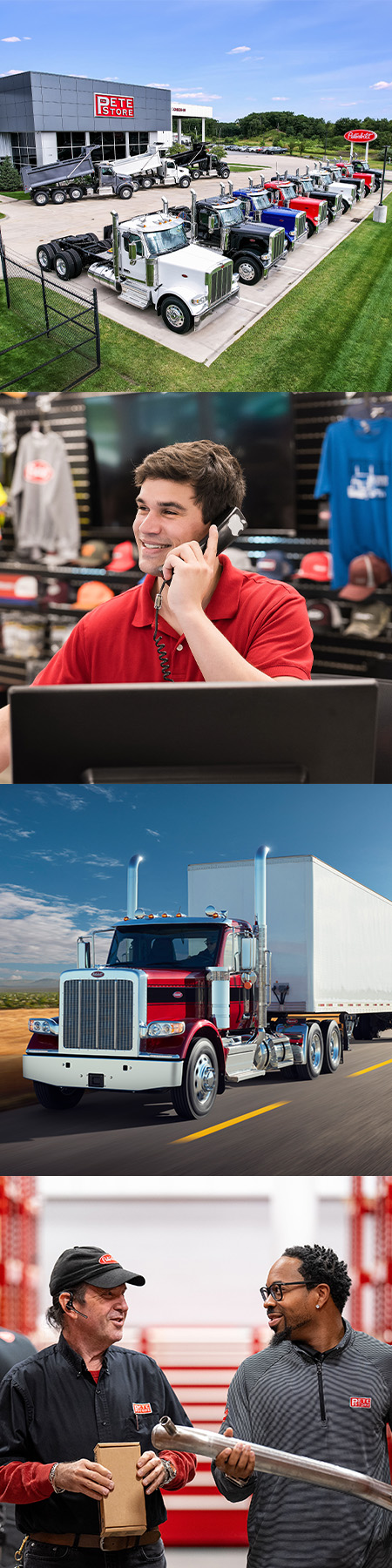 An image of a Peterbilt Truck Dealership, an image of a parts counter person, an image of Peterbilt